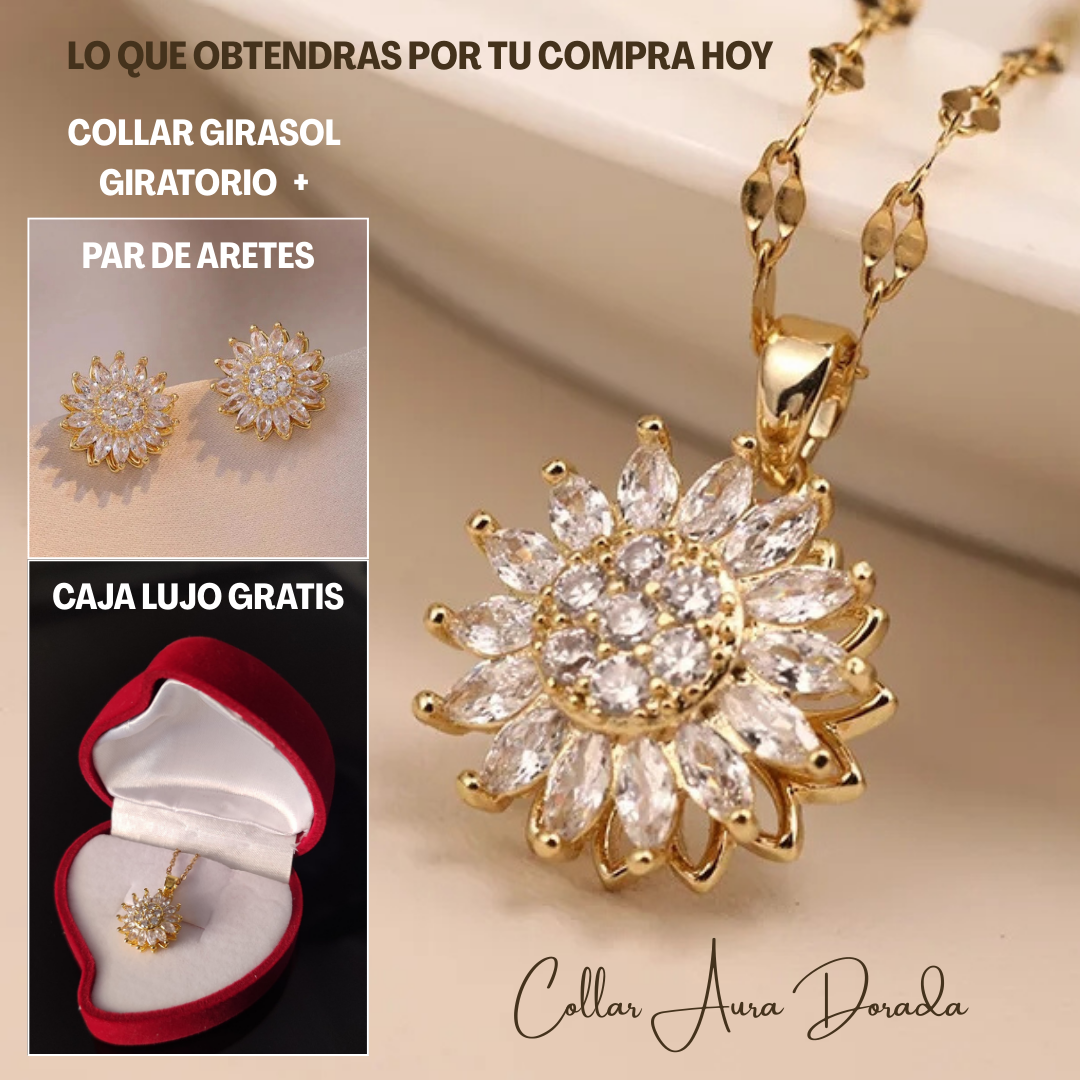 Collar Girasol Aura Dorada + Aretes, Reciba Caja Lujo GRATIS –  Un giro de amor y tranquilidad 💖